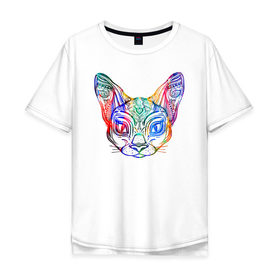 Мужская футболка хлопок Oversize с принтом Разноцветная мордашка кота , 100% хлопок | свободный крой, круглый ворот, “спинка” длиннее передней части | большие уши | гипно кот | кот | котик | кошка | лицо | уши | ушной | цветная