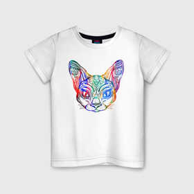 Детская футболка хлопок с принтом Разноцветная мордашка кота , 100% хлопок | круглый вырез горловины, полуприлегающий силуэт, длина до линии бедер | большие уши | гипно кот | кот | котик | кошка | лицо | уши | ушной | цветная