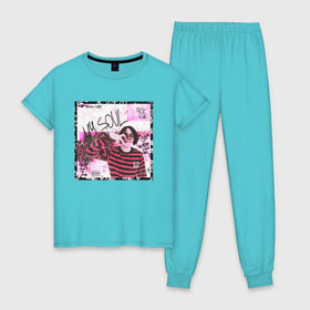 Женская пижама хлопок с принтом Lizer - MY SOUL , 100% хлопок | брюки и футболка прямого кроя, без карманов, на брюках мягкая резинка на поясе и по низу штанин | 