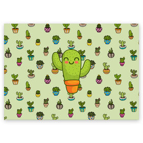 Поздравительная открытка с принтом Веселый кактус , 100% бумага | плотность бумаги 280 г/м2, матовая, на обратной стороне линовка и место для марки
 | Тематика изображения на принте: веселый | веселье | горшочек | зеленое | кактус | позитив | радость | растение | счастье | улыбка | цветок