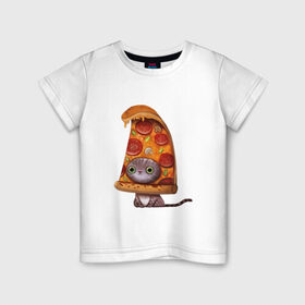 Детская футболка хлопок с принтом Котенок - пицца , 100% хлопок | круглый вырез горловины, полуприлегающий силуэт, длина до линии бедер | арт | грибы | колбаса | котенок | кусок | пицца | рисунок | тесто