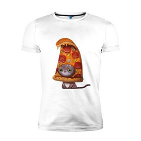 Мужская футболка премиум с принтом Котенок - пицца , 92% хлопок, 8% лайкра | приталенный силуэт, круглый вырез ворота, длина до линии бедра, короткий рукав | арт | грибы | колбаса | котенок | кусок | пицца | рисунок | тесто