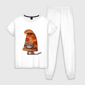 Женская пижама хлопок с принтом Котенок - пицца , 100% хлопок | брюки и футболка прямого кроя, без карманов, на брюках мягкая резинка на поясе и по низу штанин | арт | грибы | колбаса | котенок | кусок | пицца | рисунок | тесто