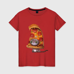 Женская футболка хлопок с принтом Котенок - пицца , 100% хлопок | прямой крой, круглый вырез горловины, длина до линии бедер, слегка спущенное плечо | Тематика изображения на принте: арт | грибы | колбаса | котенок | кусок | пицца | рисунок | тесто