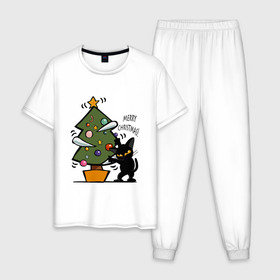 Мужская пижама хлопок с принтом Merry Christmas , 100% хлопок | брюки и футболка прямого кроя, без карманов, на брюках мягкая резинка на поясе и по низу штанин
 | 2019 | дед мороз | дом | елка | желание | животные | зима | кабан | милый | мороз | настроение | новый год | пеппа | подарок | позитив | поросенок | праздник | радость | рождество | санта клаус | свинка