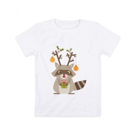 Детская футболка хлопок с принтом Новогодний енот , 100% хлопок | круглый вырез горловины, полуприлегающий силуэт, длина до линии бедер | 