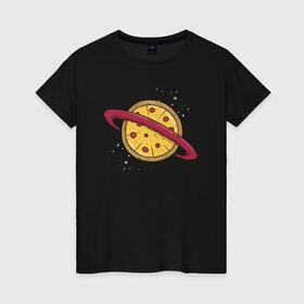 Женская футболка хлопок с принтом Пицца Планета , 100% хлопок | прямой крой, круглый вырез горловины, длина до линии бедер, слегка спущенное плечо | галактика | пицца | планета | планеты | с едой | сатурн