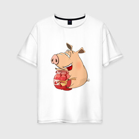 Женская футболка хлопок Oversize с принтом Свинка ест вишневое варенье , 100% хлопок | свободный крой, круглый ворот, спущенный рукав, длина до линии бедер
 | 2019 | варенье | вишня | ложка | поросенок | пятачок | свин | свинка | свинья | символгода | уши | хвост