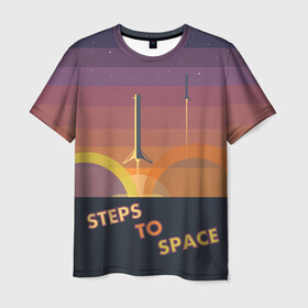 Мужская футболка 3D с принтом STEPS TO SPACE , 100% полиэфир | прямой крой, круглый вырез горловины, длина до линии бедер | Тематика изображения на принте: elon musk | falcon 9 | spacex | илон маск | ступень ракеты