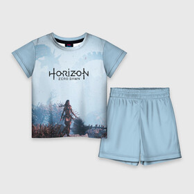 Детский костюм с шортами 3D с принтом Horizon Zero Dawn ,  |  | aloy | game | horizon zero dawn | hunter | machine | mecha | robot | snow | spear | the frozen wilds | weapon | игры | постапокалипсис | роботы | фентези | элой