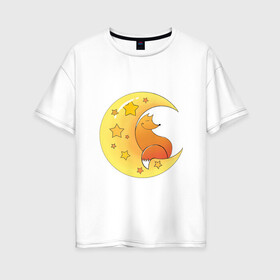 Женская футболка хлопок Oversize с принтом вечернее чаепитие , 100% хлопок | свободный крой, круглый ворот, спущенный рукав, длина до линии бедер
 | звезды | лиса | луна | ночь | уют | чай