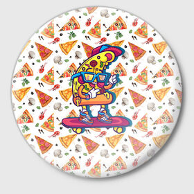 Значок с принтом Пицца на скейте ,  металл | круглая форма, металлическая застежка в виде булавки | Тематика изображения на принте: pizza | грибы | еда | зелень | колбаса | крутаяпицца | кусокпиццы | пицца | пиццерия | скейт | сыр