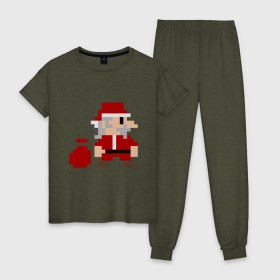 Женская пижама хлопок с принтом Pixel Santa , 100% хлопок | брюки и футболка прямого кроя, без карманов, на брюках мягкая резинка на поясе и по низу штанин | 8 bit | 8 бит | 8bit | geek | oldschool | pixel | santa | santa claus | дед мороз | игра | олдскул | пиксель | пиксельный | санта | санта клаус