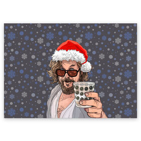 Поздравительная открытка с принтом Лебовски Санта , 100% бумага | плотность бумаги 280 г/м2, матовая, на обратной стороне линовка и место для марки
 | Тематика изображения на принте: balls | big lebowski | bowling | film | happy christmas | movie | santa claus | skittles | большой лебовски | боулинг | дед мороз | кегли | кино | колпак | красная шапка | новый год | праздник | рождество | с новым годом | санта клаус