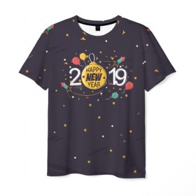 Мужская футболка 3D с принтом Happy new year 2019 , 100% полиэфир | прямой крой, круглый вырез горловины, длина до линии бедер | 