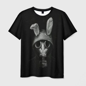 Мужская футболка 3D с принтом Заяц в противогазе , 100% полиэфир | прямой крой, круглый вырез горловины, длина до линии бедер | 