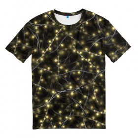 Мужская футболка 3D с принтом Новогодняя гирлянда , 100% полиэфир | прямой крой, круглый вырез горловины, длина до линии бедер | Тематика изображения на принте: желтый | лампочки | новый год | огни | огоньки | провода | свет | черный | электрогирлянда