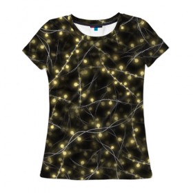 Женская футболка 3D с принтом Новогодняя гирлянда , 100% полиэфир ( синтетическое хлопкоподобное полотно) | прямой крой, круглый вырез горловины, длина до линии бедер | желтый | лампочки | новый год | огни | огоньки | провода | свет | черный | электрогирлянда