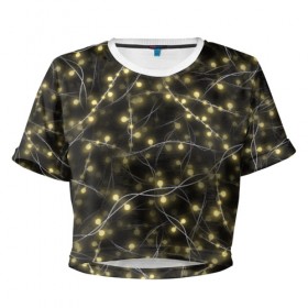 Женская футболка Cropp-top с принтом Новогодняя гирлянда , 100% полиэстер | круглая горловина, длина футболки до линии талии, рукава с отворотами | желтый | лампочки | новый год | огни | огоньки | провода | свет | черный | электрогирлянда