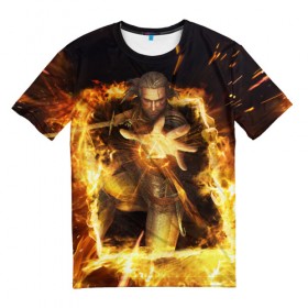Мужская футболка 3D с принтом Witcher Card Game - Geralt , 100% полиэфир | прямой крой, круглый вырез горловины, длина до линии бедер | geralt | the witcher | witcher | ведьмак