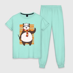 Женская пижама хлопок с принтом Панда Поттер , 100% хлопок | брюки и футболка прямого кроя, без карманов, на брюках мягкая резинка на поясе и по низу штанин | волшебник | панда | панды | поттер