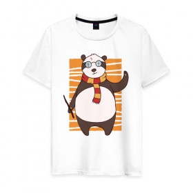 Мужская футболка хлопок с принтом Панда Поттер , 100% хлопок | прямой крой, круглый вырез горловины, длина до линии бедер, слегка спущенное плечо. | волшебник | панда | панды | поттер