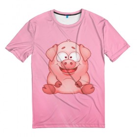 Мужская футболка 3D с принтом Милая веселая свинка , 100% полиэфир | прямой крой, круглый вырез горловины, длина до линии бедер | Тематика изображения на принте: 