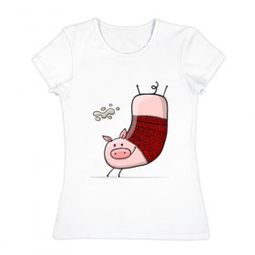 Женская футболка хлопок с принтом Свинья , 100% хлопок | прямой крой, круглый вырез горловины, длина до линии бедер, слегка спущенное плечо | 