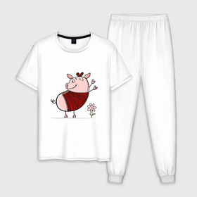 Мужская пижама хлопок с принтом Свинка , 100% хлопок | брюки и футболка прямого кроя, без карманов, на брюках мягкая резинка на поясе и по низу штанин
 | 2019 | дед мороз | дом | елка | желание | животные | зима | кабан | милый | мороз | настроение | новый год | пеппа | подарок | позитив | поросенок | праздник | радость | рождество | санта клаус | свинка
