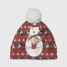 Шапка 3D c помпоном с принтом Новогодний мишка с кофе , 100% полиэстер | универсальный размер, печать по всей поверхности изделия | 2019 | белый | белыймедведь | вязанный | зефирки | зимний | кофе | медведь | мишка | новыйгод | олени | свитерсоленями | шарф