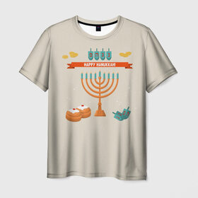 Мужская футболка 3D с принтом Hanukkah , 100% полиэфир | прямой крой, круглый вырез горловины, длина до линии бедер | Тематика изображения на принте: hanukkah | израиль | подсвечник | праздник | свечи | счастливого | ханука