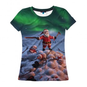 Женская футболка 3D с принтом Дед мороз и снеговики-зомби , 100% полиэфир ( синтетическое хлопкоподобное полотно) | прямой крой, круглый вырез горловины, длина до линии бедер | claus | santa | апокалипсис | зомби | рождество | ружьё | санта | санта клаус | снег | снеговик | топор