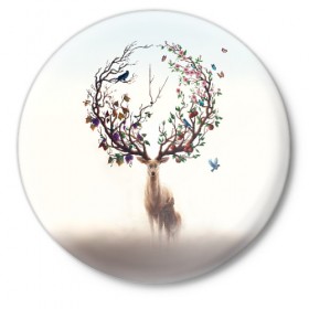 Значок с принтом Олень с ветвями вместо рог ,  металл | круглая форма, металлическая застежка в виде булавки | бабочка | волшебство | деревья | лес | листья | оленёнок | природа | птица | сказка | фрукты | цветы