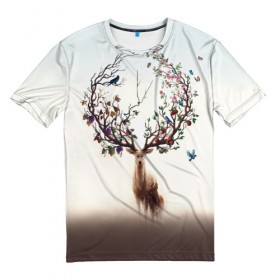 Мужская футболка 3D с принтом Олень с ветвями вместо рог , 100% полиэфир | прямой крой, круглый вырез горловины, длина до линии бедер | бабочка | волшебство | деревья | лес | листья | оленёнок | природа | птица | сказка | фрукты | цветы