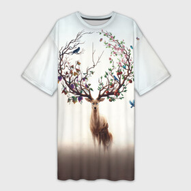 Платье-футболка 3D с принтом Олень с ветвями вместо рог ,  |  | бабочка | волшебство | деревья | лес | листья | оленёнок | природа | птица | сказка | фрукты | цветы