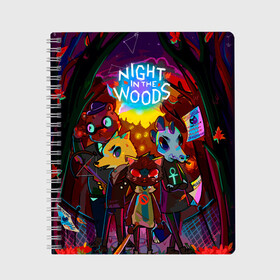 Тетрадь с принтом Night in the Woods (1) , 100% бумага | 48 листов, плотность листов — 60 г/м2, плотность картонной обложки — 250 г/м2. Листы скреплены сбоку удобной пружинной спиралью. Уголки страниц и обложки скругленные. Цвет линий — светло-серый
 | bear | cat | fox | night | night in the woods | woods | кот | лес | лис | медведь | ночь | ночь в лесу