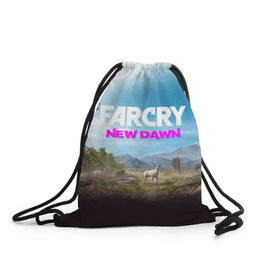 Рюкзак-мешок 3D с принтом FAR CRY NEW DAWN , 100% полиэстер | плотность ткани — 200 г/м2, размер — 35 х 45 см; лямки — толстые шнурки, застежка на шнуровке, без карманов и подкладки | Тематика изображения на принте: action | far cry | far cry new dawn | game | gamer | montana | player | shooter | usa | врата эдема | знак | игра | культ | секта | символ | символика | шутер | эдем