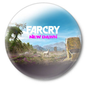 Значок с принтом FAR CRY NEW DAWN ,  металл | круглая форма, металлическая застежка в виде булавки | Тематика изображения на принте: action | far cry | far cry new dawn | game | gamer | montana | player | shooter | usa | врата эдема | знак | игра | культ | секта | символ | символика | шутер | эдем