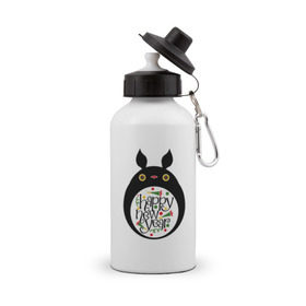 Бутылка спортивная с принтом Totoro - Happy New Year , металл | емкость — 500 мл, в комплекте две пластиковые крышки и карабин для крепления | 