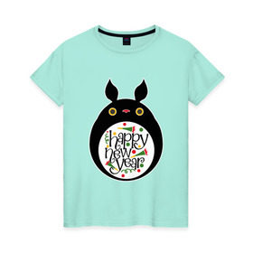 Женская футболка хлопок с принтом Totoro - Happy New Year , 100% хлопок | прямой крой, круглый вырез горловины, длина до линии бедер, слегка спущенное плечо | 