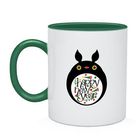 Кружка двухцветная с принтом Totoro - Happy New Year , керамика | объем — 330 мл, диаметр — 80 мм. Цветная ручка и кайма сверху, в некоторых цветах — вся внутренняя часть | Тематика изображения на принте: 