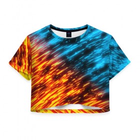 Женская футболка 3D укороченная с принтом БИТВА СТИХИЙ , 100% полиэстер | круглая горловина, длина футболки до линии талии, рукава с отворотами | blue | bright | fire | heat | ice | light | orange | wildfire | битва огней | битва стихий | искры | огненный | огонь | оранжевый | пламя | пожар