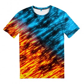 Мужская футболка 3D с принтом БИТВА СТИХИЙ , 100% полиэфир | прямой крой, круглый вырез горловины, длина до линии бедер | blue | bright | fire | heat | ice | light | orange | wildfire | битва огней | битва стихий | искры | огненный | огонь | оранжевый | пламя | пожар