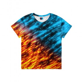 Детская футболка 3D с принтом БИТВА СТИХИЙ , 100% гипоаллергенный полиэфир | прямой крой, круглый вырез горловины, длина до линии бедер, чуть спущенное плечо, ткань немного тянется | Тематика изображения на принте: blue | bright | fire | heat | ice | light | orange | wildfire | битва огней | битва стихий | искры | огненный | огонь | оранжевый | пламя | пожар