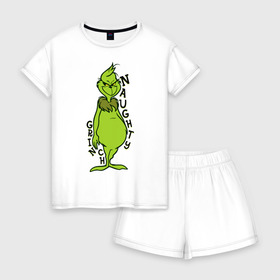 Женская пижама с шортиками хлопок с принтом Naughty Grinch , 100% хлопок | футболка прямого кроя, шорты свободные с широкой мягкой резинкой | grinch | гринч | новый год | рождество
