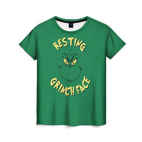 Женская футболка 3D с принтом Resting Grinch Face , 100% полиэфир ( синтетическое хлопкоподобное полотно) | прямой крой, круглый вырез горловины, длина до линии бедер | grinch | гринч | новый год | рождество