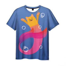 Мужская футболка 3D с принтом Кот русалка , 100% полиэфир | прямой крой, круглый вырез горловины, длина до линии бедер | вода | кот | котик | море | розовый | русалка | рыжий | синий