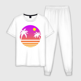 Мужская пижама хлопок с принтом Tequila Sunset , 100% хлопок | брюки и футболка прямого кроя, без карманов, на брюках мягкая резинка на поясе и по низу штанин
 | 80s | retro | retrowave | sunset | synthwave