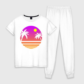 Женская пижама хлопок с принтом Tequila Sunset , 100% хлопок | брюки и футболка прямого кроя, без карманов, на брюках мягкая резинка на поясе и по низу штанин | 80s | retro | retrowave | sunset | synthwave