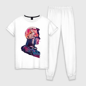 Женская пижама хлопок с принтом Drive Racing , 100% хлопок | брюки и футболка прямого кроя, без карманов, на брюках мягкая резинка на поясе и по низу штанин | 80s | retro | retrowave | synthwave